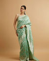 Sea Green Floral Leaf Patterned Saree with Jaal Pattern